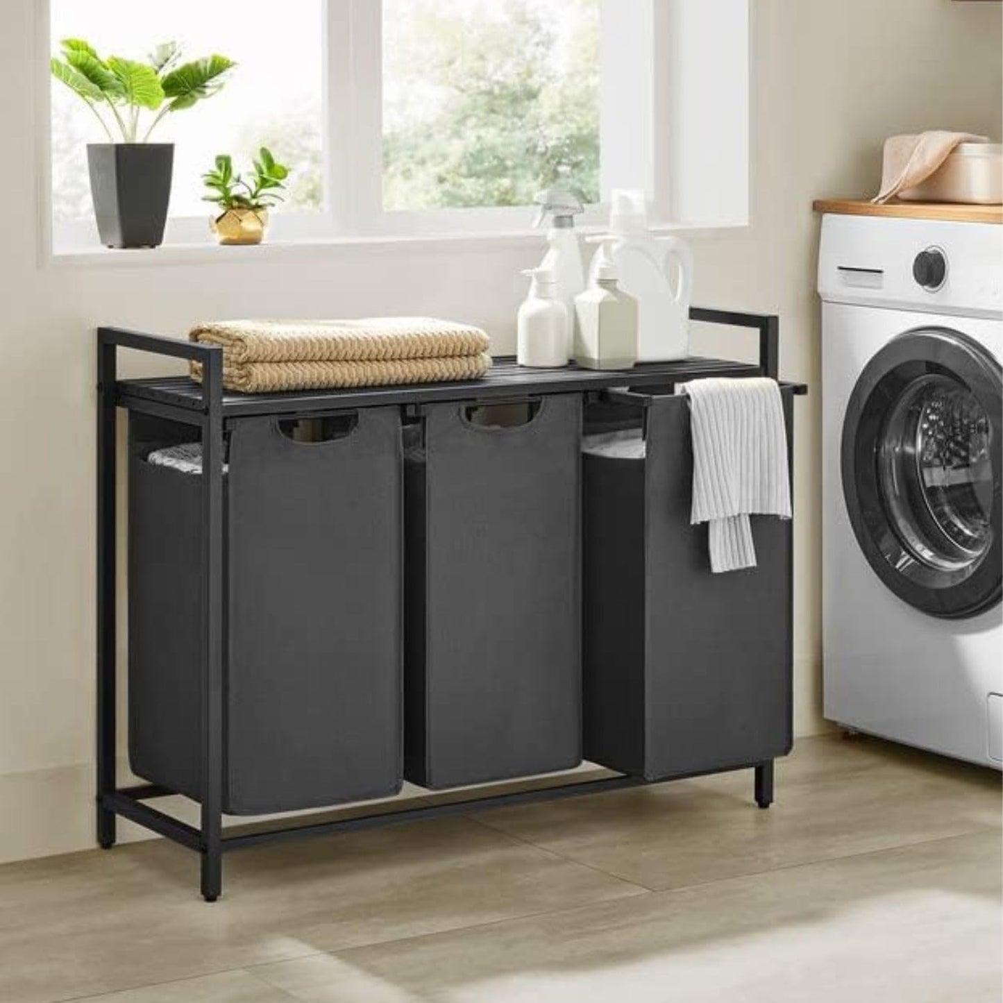 VASAGLE Laundry Hamper, Laundry Basket, Laundry Sorter with 3 Pull-Out and Removable Bags, Shelf, Metal Frame, 3 x 10 Gallons (38L), 36.4 x 13 x 28.4 Inches, Rustic Brown and Black UBLH301B01