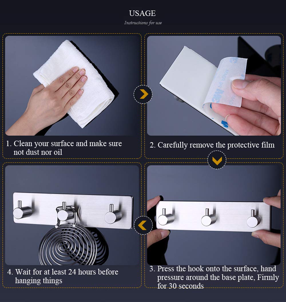 Self Adhesive Stainless Steel Hooks, Wall Mounted Heavy Duty Hanger, Key Rack Towel Hooks for Bathroom, Living Room, Kitchen (4 Hooks)