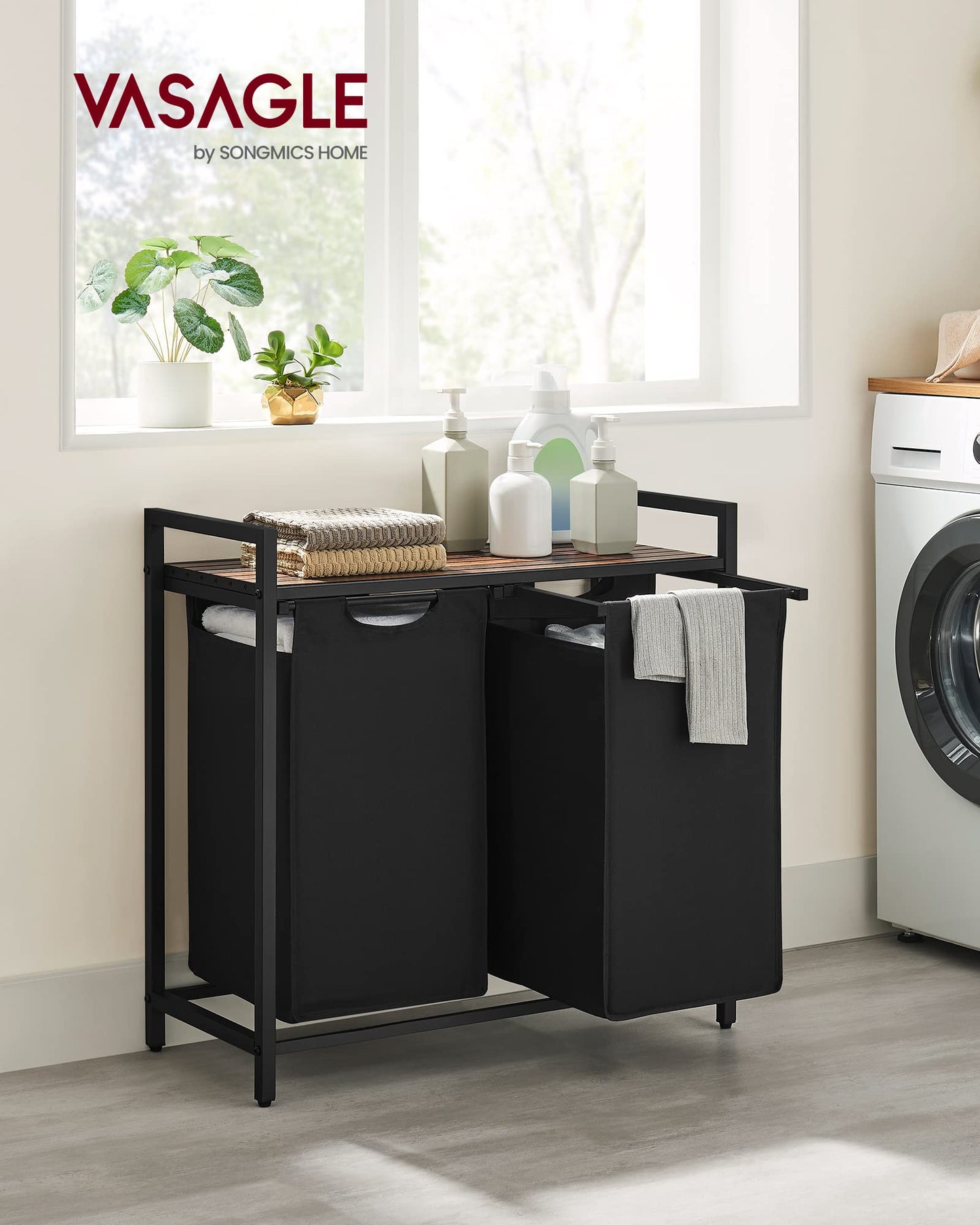 VASAGLE Laundry Hamper, Laundry Basket, Laundry Sorter with 3 Pull-Out and Removable Bags, Shelf, Metal Frame, 3 x 10 Gallons (38L), 36.4 x 13 x 28.4 Inches, Rustic Brown and Black UBLH301B01