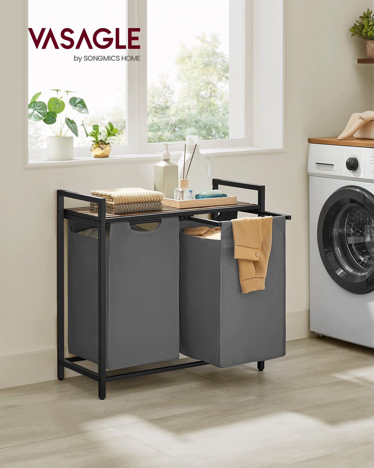 VASAGLE Laundry Hamper, Laundry Basket, Laundry Sorter with 3 Pull-Out and Removable Bags, Shelf, Metal Frame, 3 x 10 Gallons (38L), 36.4 x 13 x 28.4 Inches, Rustic Brown and Black UBLH301B01