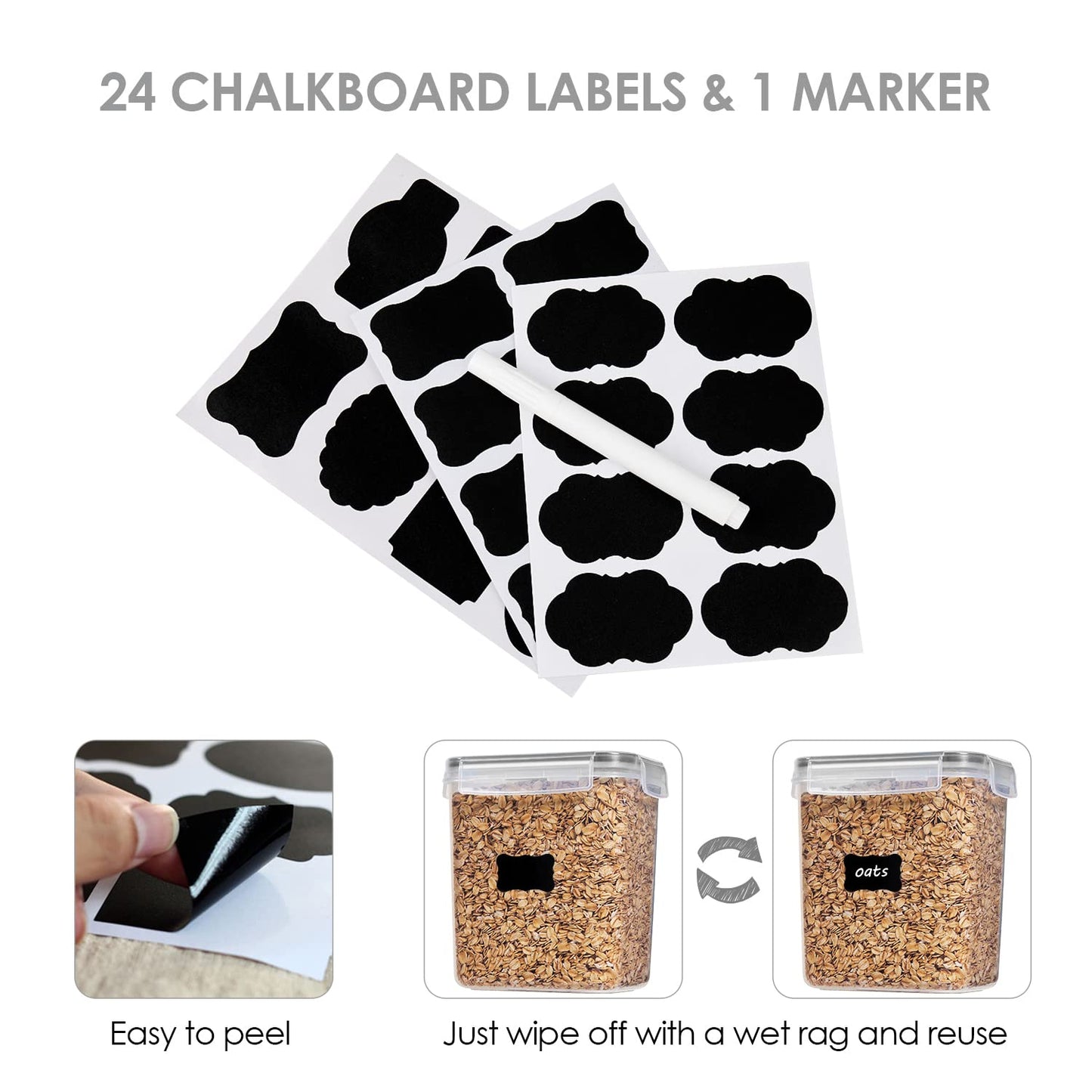 Airtight Food Storage Containers with Lids, Vtopmart 24 pcs Plastic Kitchen and Pantry Organization Canisters for Cereal, Dry Food, Flour and Sugar, BPA Free, Includes 24 Labels,Black