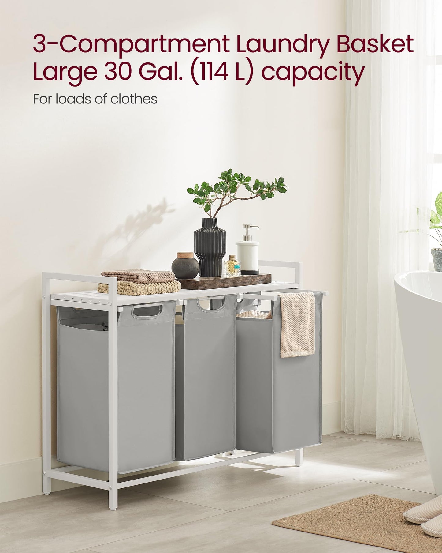 VASAGLE Laundry Hamper, Laundry Basket, Laundry Sorter with 3 Pull-Out and Removable Bags, Shelf, Metal Frame, 3 x 10 Gallons (38L), 36.4 x 13 x 28.4 Inches, Rustic Brown and Black UBLH301B01