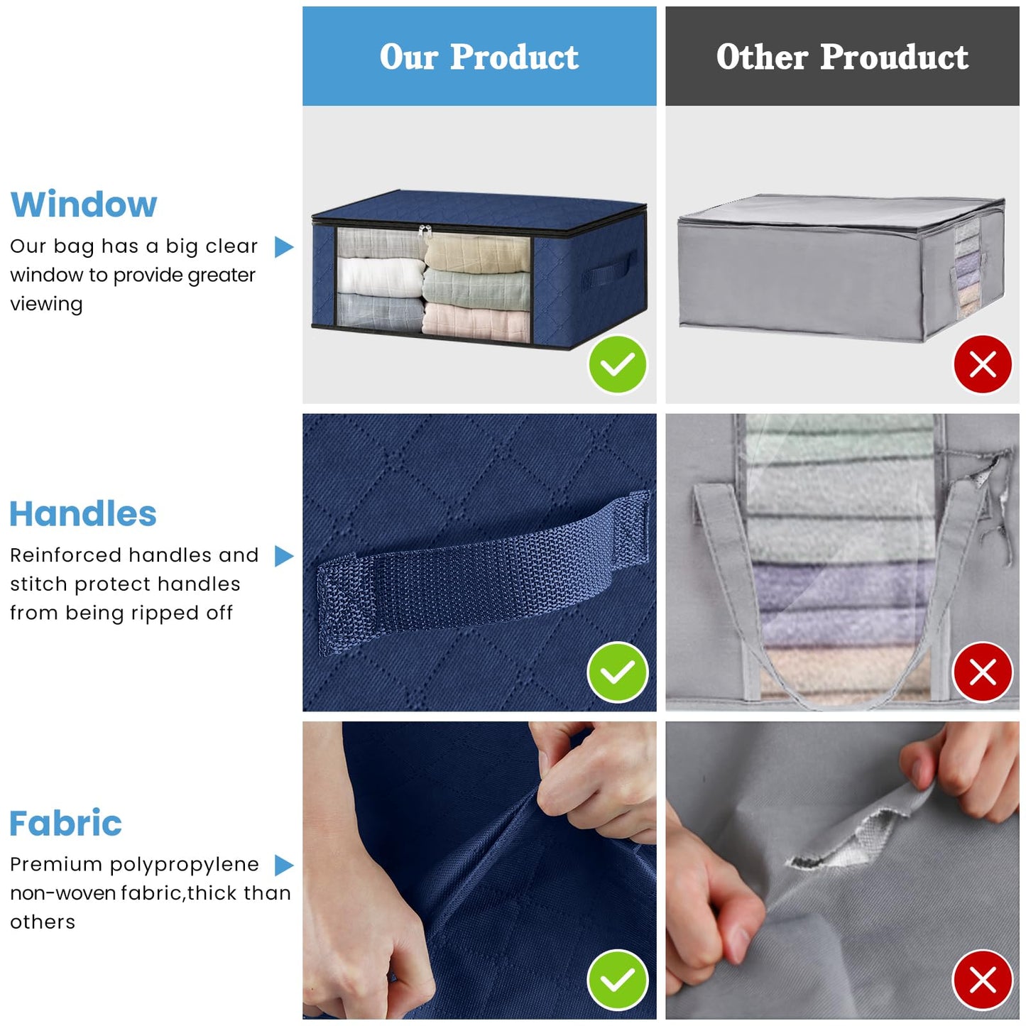 HomeHacks Storage 3-Pack Clothes Organizer Storage Bags Foldable Storage Box with Large Clear Window Sturdy Handles for Closet, Dorm, Pillows, Bedding, Clothes, Blankets, 35L, Gray