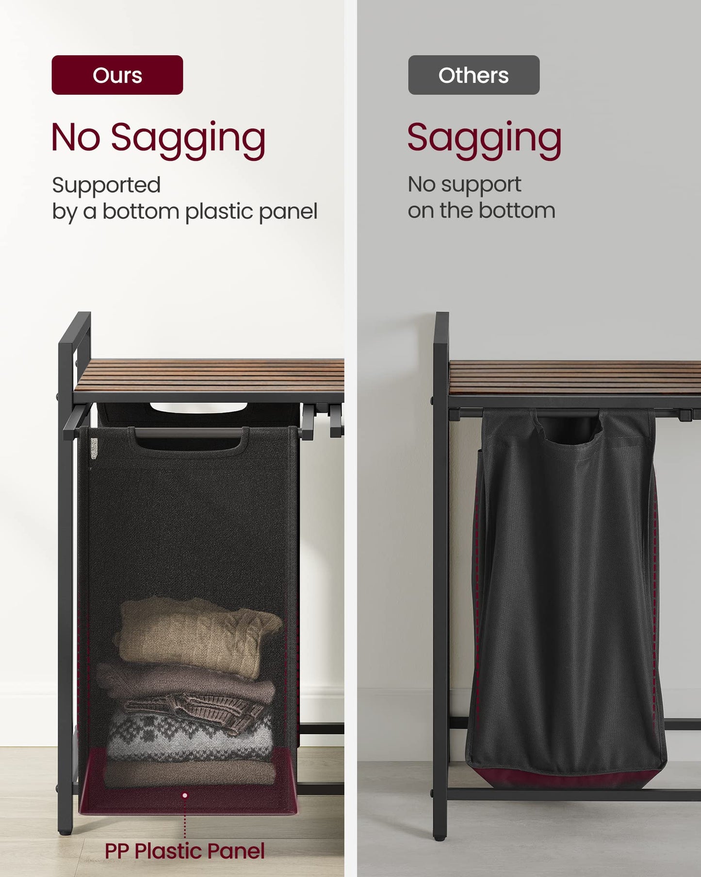 VASAGLE Laundry Hamper, Laundry Basket, Laundry Sorter with 3 Pull-Out and Removable Bags, Shelf, Metal Frame, 3 x 10 Gallons (38L), 36.4 x 13 x 28.4 Inches, Rustic Brown and Black UBLH301B01