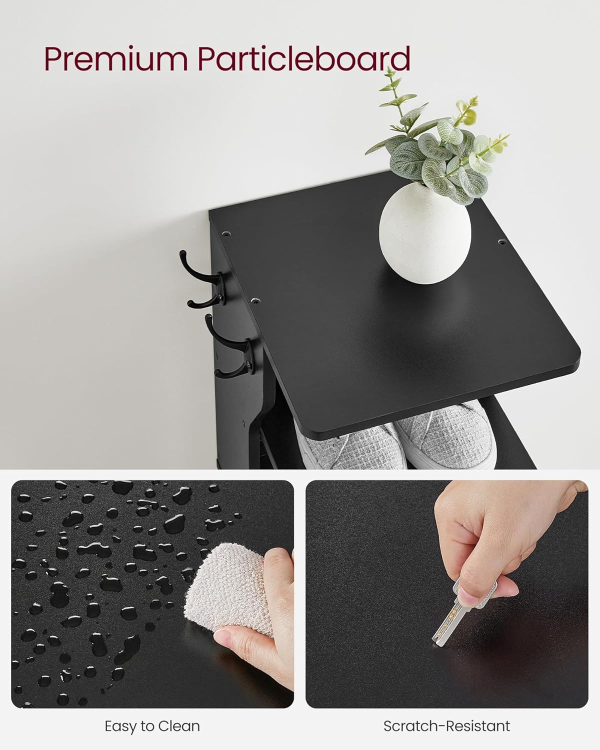 VASAGLE 7-Tier Vertical Shoe Rack, Narrow Shoe Storage Organizer with Hooks, Slim Corner Tower Shelf, Space-Saving for Entryway and Bedroom, Black ULBS200T16