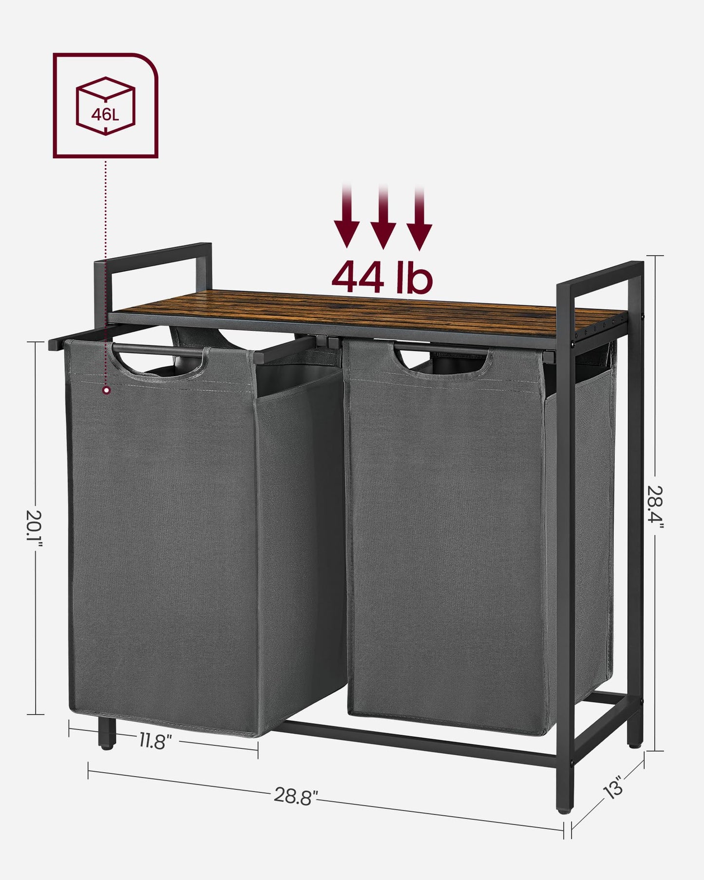VASAGLE Laundry Hamper, Laundry Basket, Laundry Sorter with 3 Pull-Out and Removable Bags, Shelf, Metal Frame, 3 x 10 Gallons (38L), 36.4 x 13 x 28.4 Inches, Rustic Brown and Black UBLH301B01