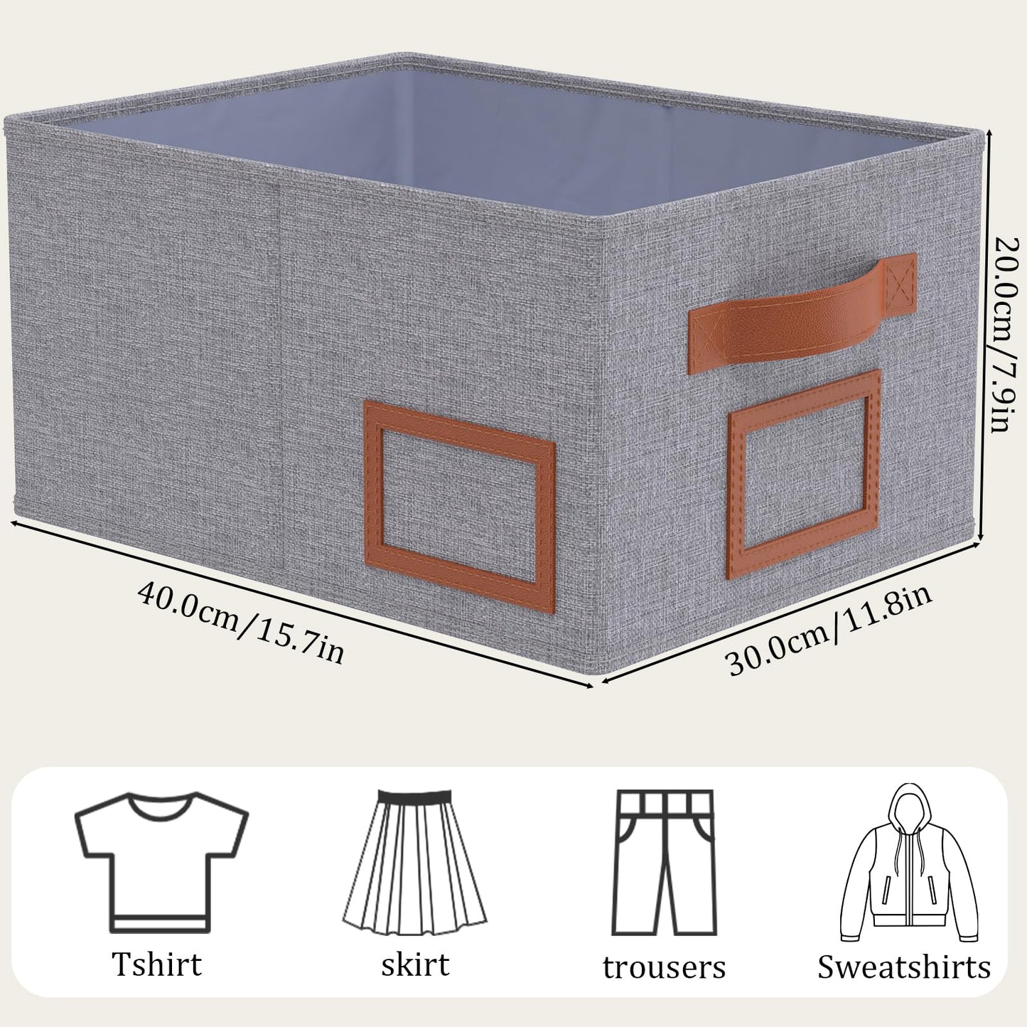 OUTBROS Foldable Storage Box for Shelves, 15 x 10.2 x 7.9 inch Fabric Baskets, Wardrobe Organiser with Handles, Suitable for Storing Clothes, Books, Cosmetics (Gray, 3-Pack)