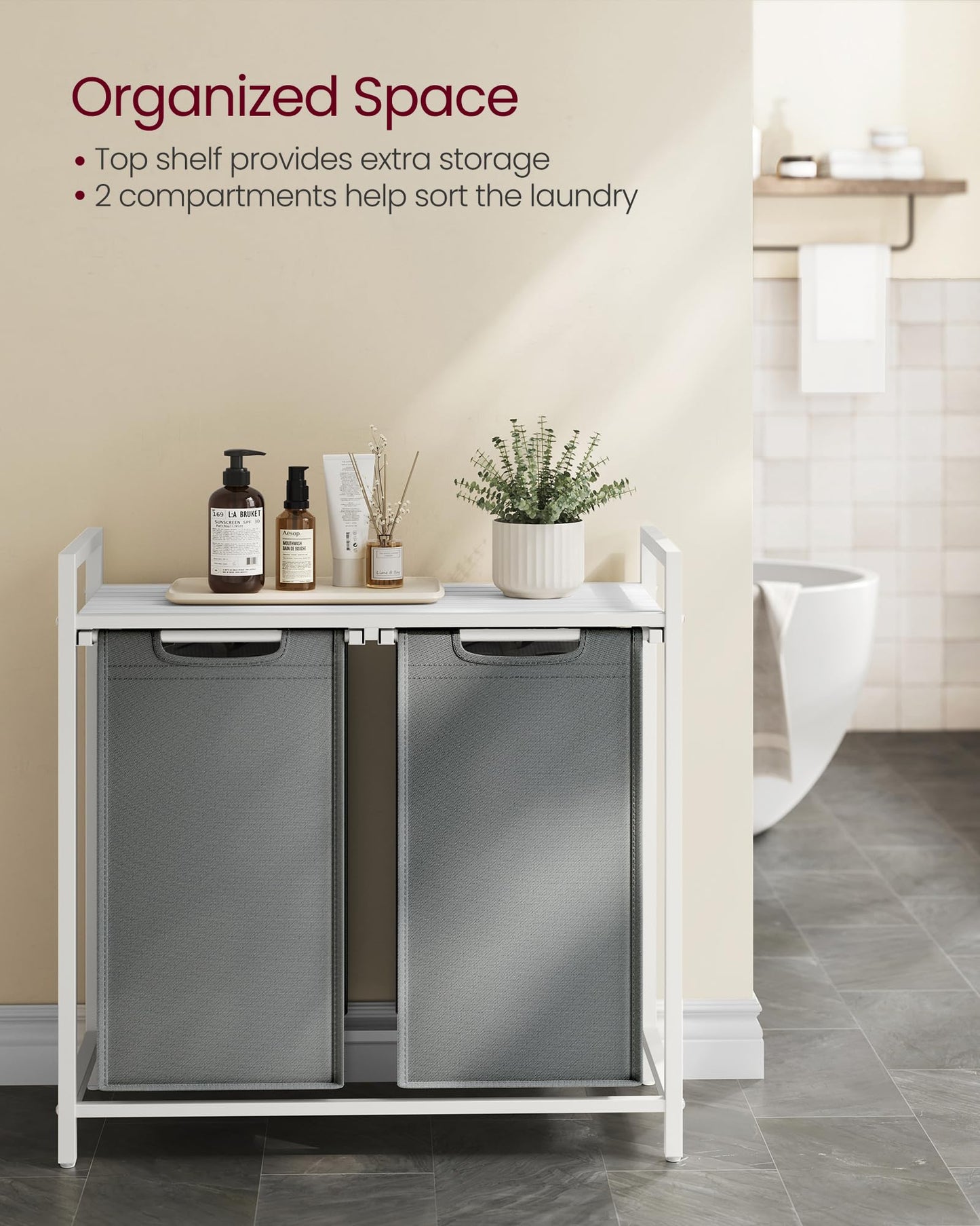 VASAGLE Laundry Hamper, Laundry Basket, Laundry Sorter with 3 Pull-Out and Removable Bags, Shelf, Metal Frame, 3 x 10 Gallons (38L), 36.4 x 13 x 28.4 Inches, Rustic Brown and Black UBLH301B01
