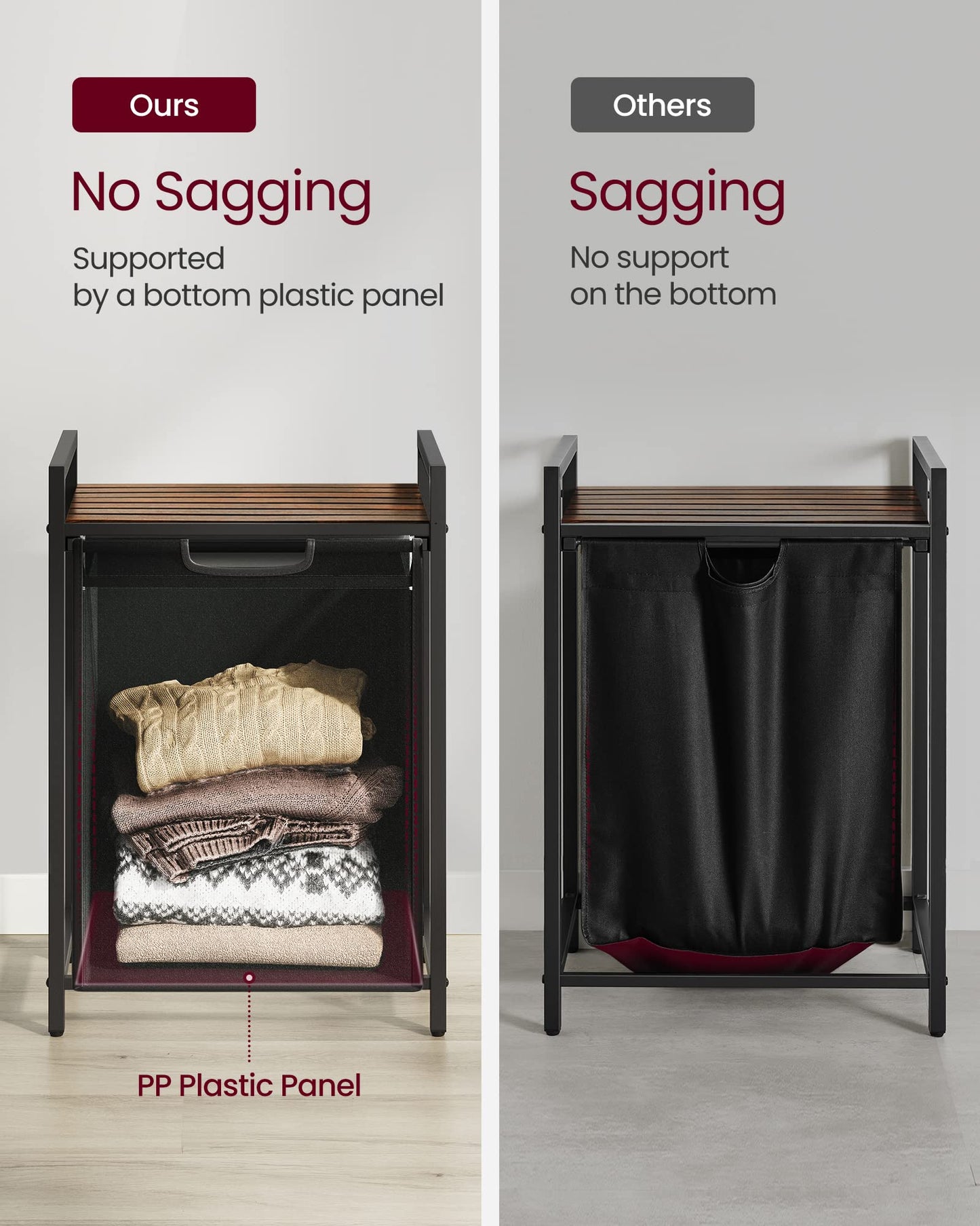 VASAGLE Laundry Hamper, Laundry Basket, Laundry Sorter with 3 Pull-Out and Removable Bags, Shelf, Metal Frame, 3 x 10 Gallons (38L), 36.4 x 13 x 28.4 Inches, Rustic Brown and Black UBLH301B01