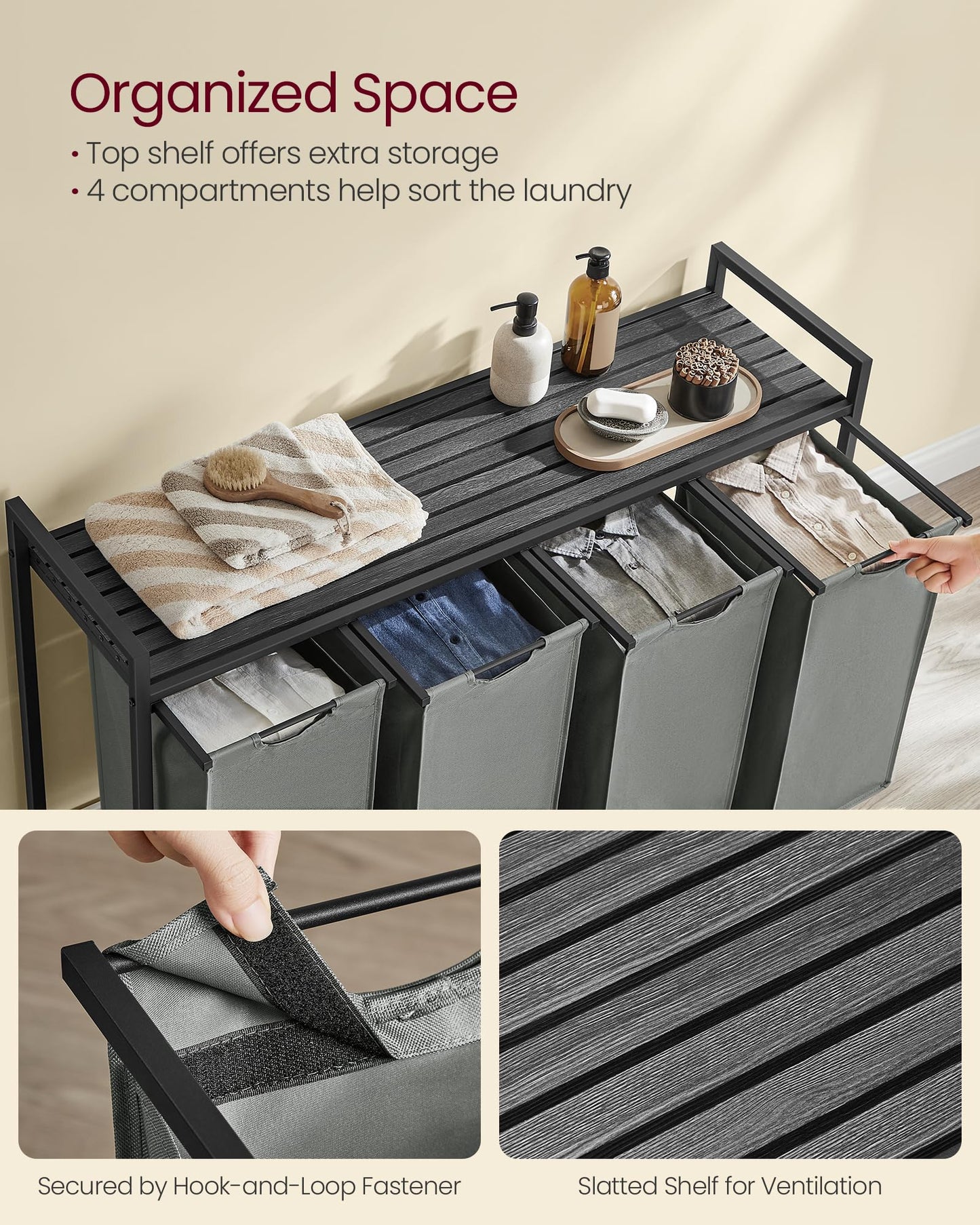 VASAGLE Laundry Hamper, Laundry Basket, Laundry Sorter with 3 Pull-Out and Removable Bags, Shelf, Metal Frame, 3 x 10 Gallons (38L), 36.4 x 13 x 28.4 Inches, Rustic Brown and Black UBLH301B01