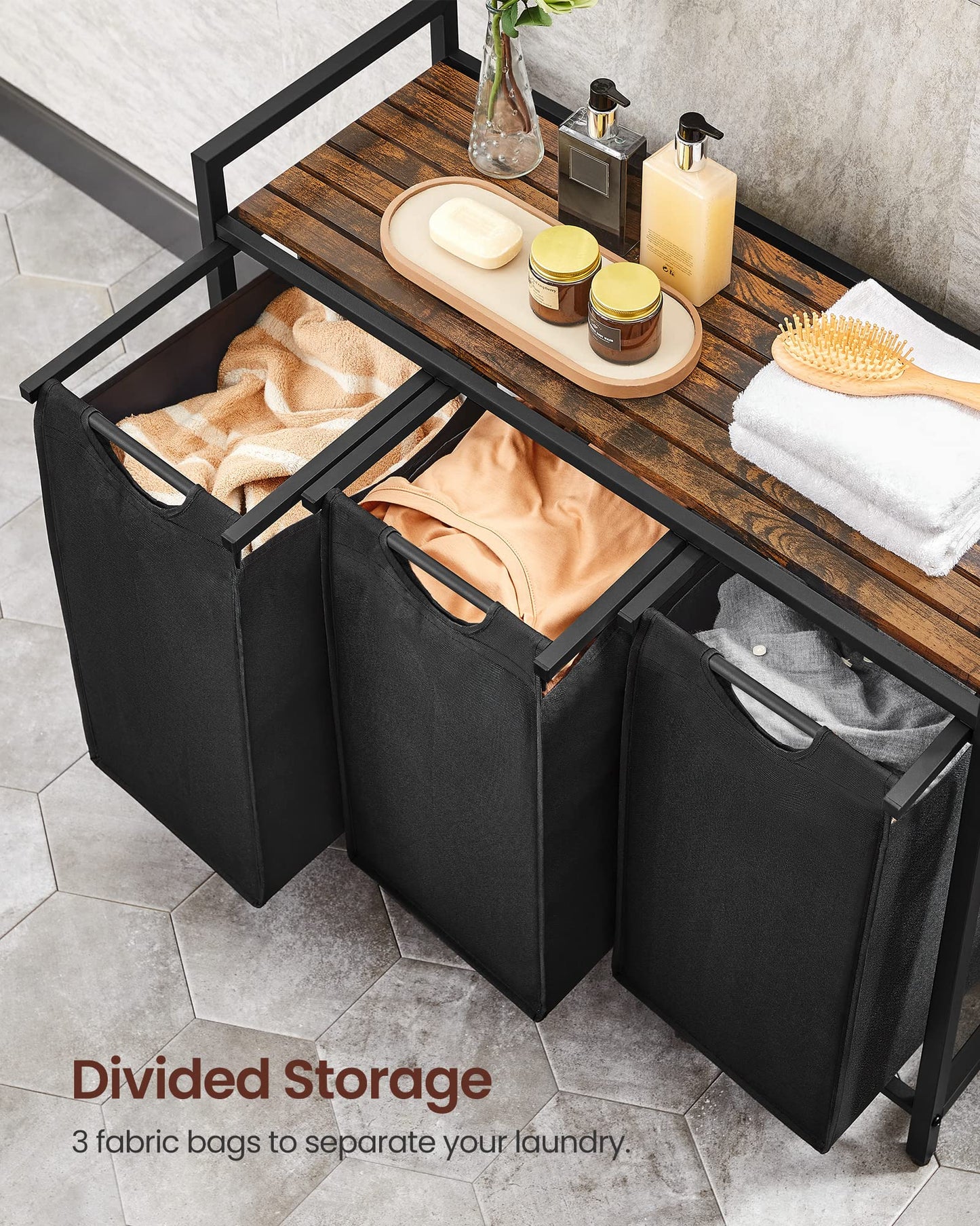 VASAGLE Laundry Hamper, Laundry Basket, Laundry Sorter with 3 Pull-Out and Removable Bags, Shelf, Metal Frame, 3 x 10 Gallons (38L), 36.4 x 13 x 28.4 Inches, Rustic Brown and Black UBLH301B01