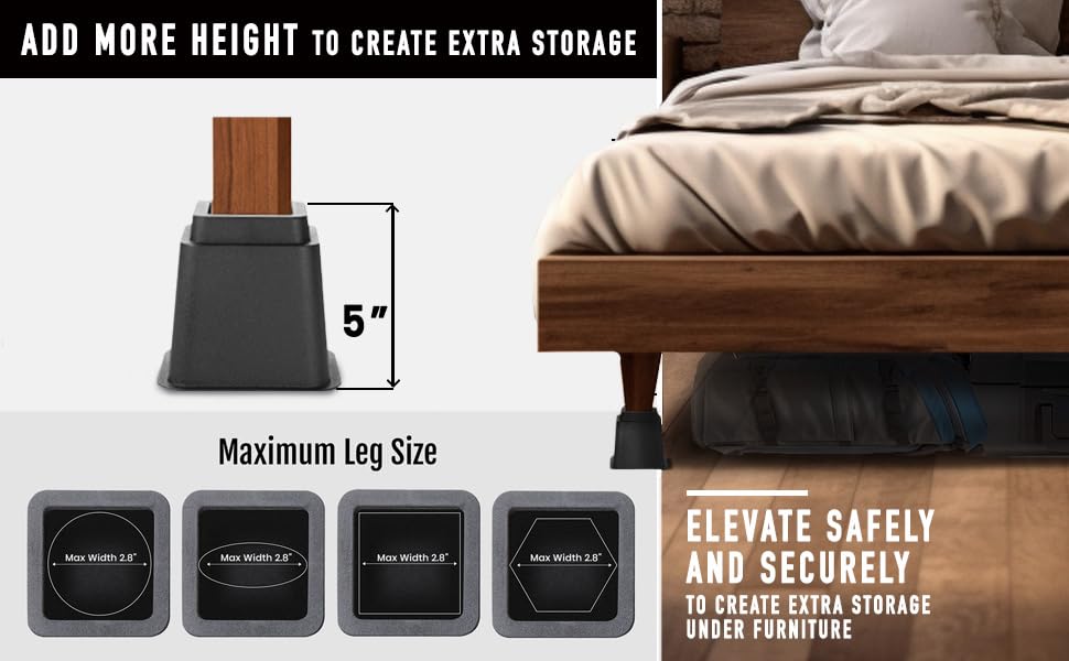 HOLDN’ STORAGE Adjustable Bed Risers and Furniture Risers-Stackable Bed Lift 3, 5, or 8 Inch-Set of 4 Bed Risers-Heavy Duty-Perfect for College Dorms- Supports up to 1,300 lbs–Fits Legs up to 2.75” W