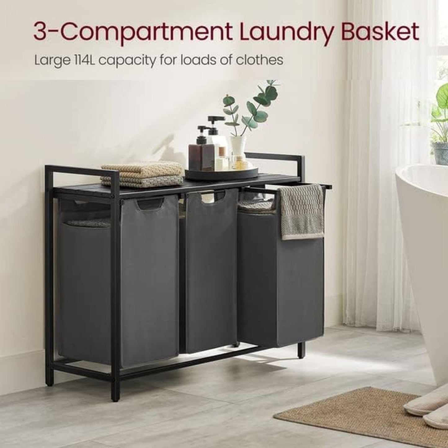 VASAGLE Laundry Hamper, Laundry Basket, Laundry Sorter with 3 Pull-Out and Removable Bags, Shelf, Metal Frame, 3 x 10 Gallons (38L), 36.4 x 13 x 28.4 Inches, Rustic Brown and Black UBLH301B01