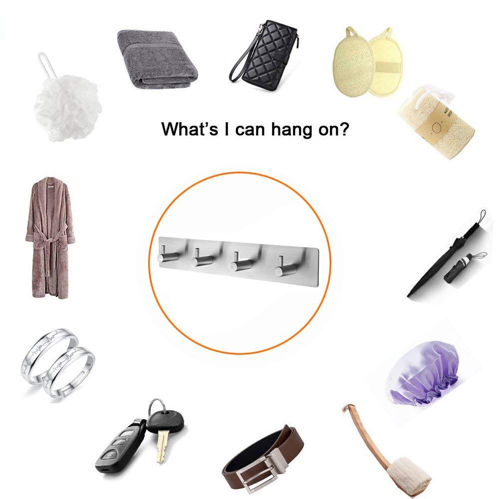 Self Adhesive Stainless Steel Hooks, Wall Mounted Heavy Duty Hanger, Key Rack Towel Hooks for Bathroom, Living Room, Kitchen (4 Hooks)