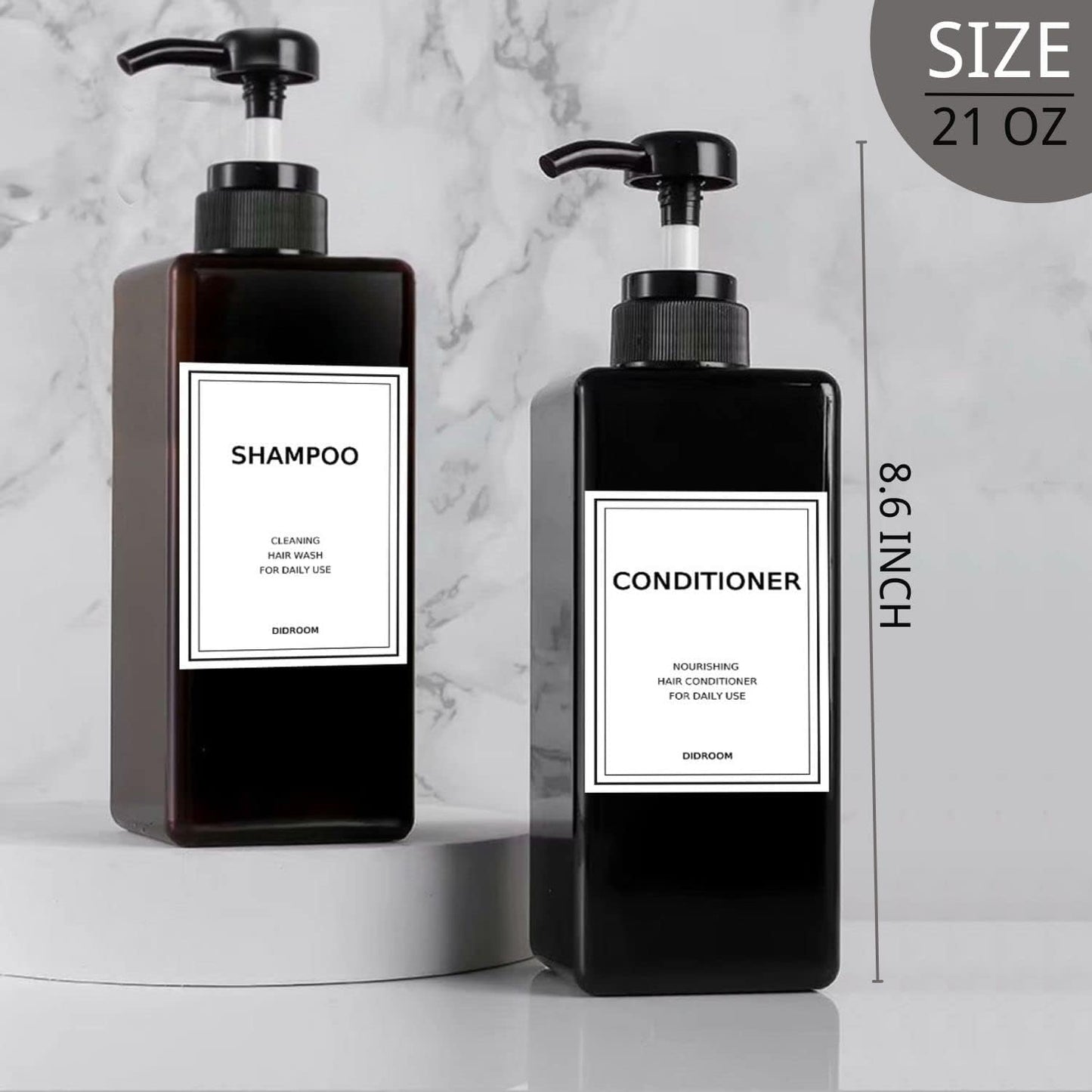 Shampoo and Conditioner Dispenser, Refillable Shampoo and Conditioner Bottles Set with Labels - Empty Shower Plastic Dispenser (21oz)
