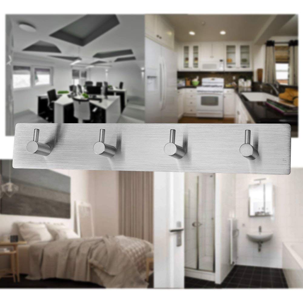 Self Adhesive Stainless Steel Hooks, Wall Mounted Heavy Duty Hanger, Key Rack Towel Hooks for Bathroom, Living Room, Kitchen (4 Hooks)