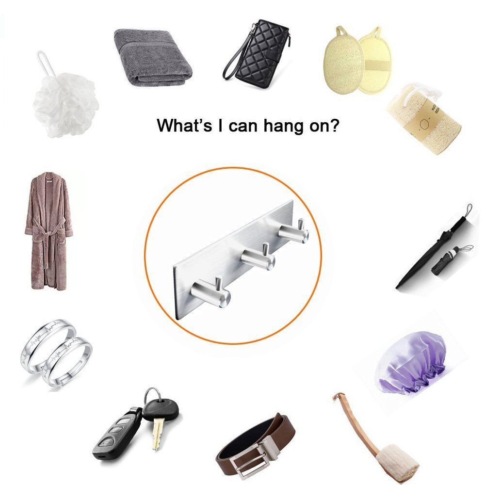 Self Adhesive Stainless Steel Hooks, Wall Mounted Heavy Duty Hanger, Key Rack Towel Hooks for Bathroom, Living Room, Kitchen (4 Hooks)