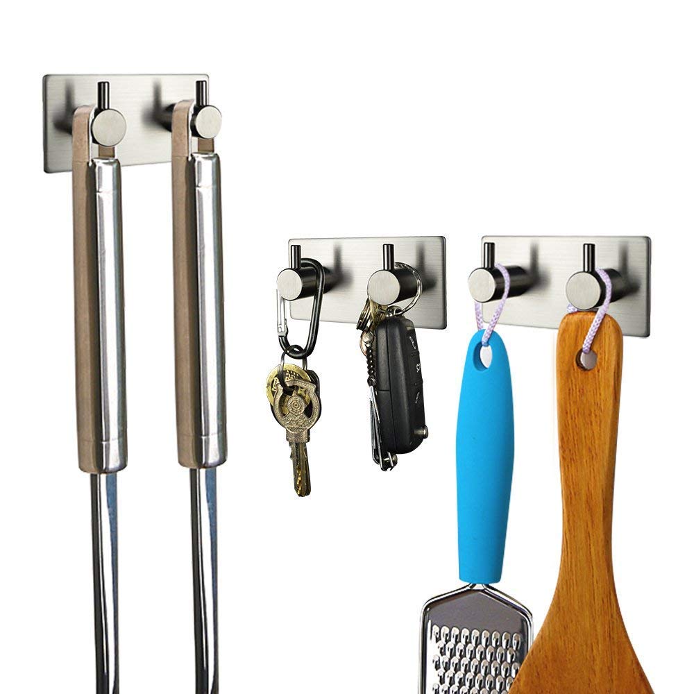 Self Adhesive Stainless Steel Hooks, Wall Mounted Heavy Duty Hanger, Key Rack Towel Hooks for Bathroom, Living Room, Kitchen (4 Hooks)