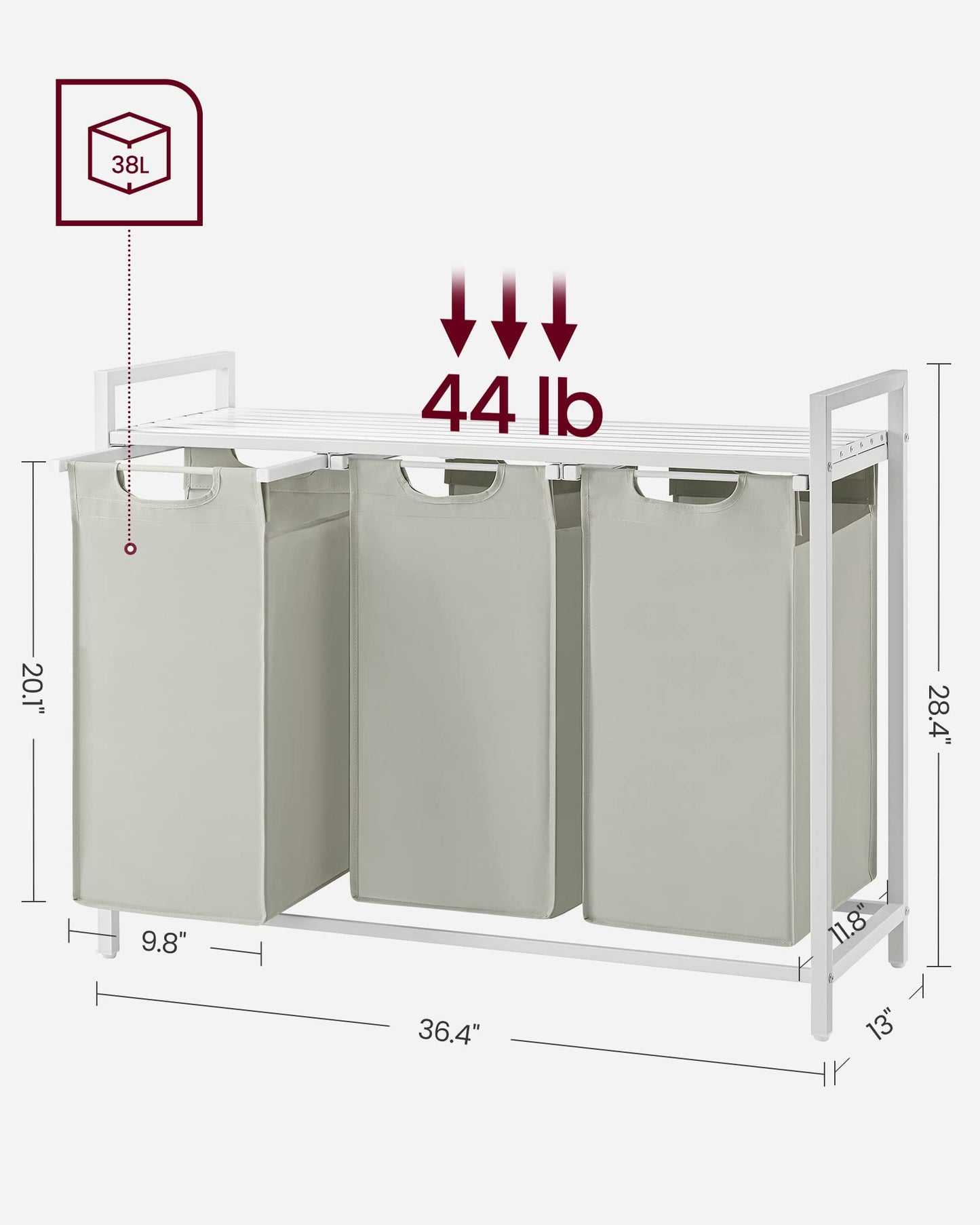 VASAGLE Laundry Hamper, Laundry Basket, Laundry Sorter with 3 Pull-Out and Removable Bags, Shelf, Metal Frame, 3 x 10 Gallons (38L), 36.4 x 13 x 28.4 Inches, Rustic Brown and Black UBLH301B01