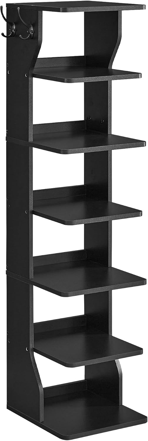 VASAGLE 7-Tier Vertical Shoe Rack, Narrow Shoe Storage Organizer with Hooks, Slim Corner Tower Shelf, Space-Saving for Entryway and Bedroom, Black ULBS200T16