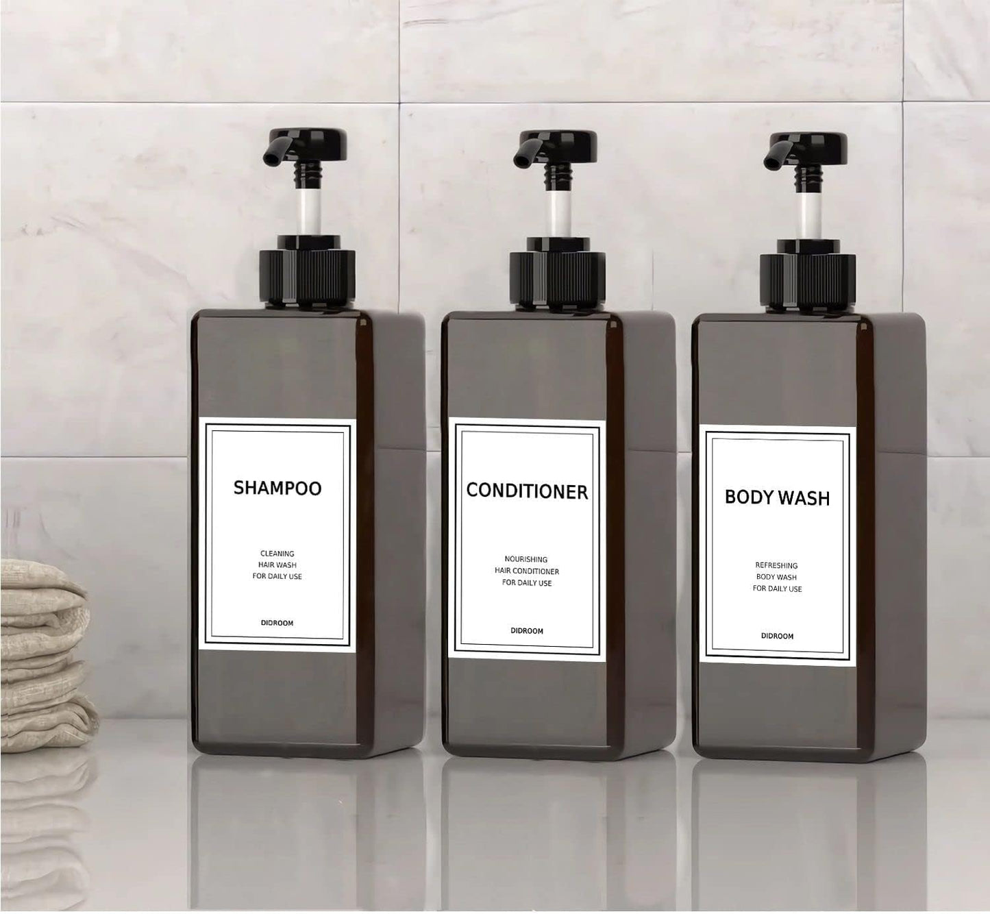 Shampoo and Conditioner Dispenser, Refillable Shampoo and Conditioner Bottles Set with Labels - Empty Shower Plastic Dispenser (21oz)