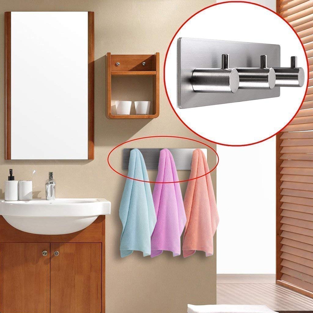 Self Adhesive Stainless Steel Hooks, Wall Mounted Heavy Duty Hanger, Key Rack Towel Hooks for Bathroom, Living Room, Kitchen (4 Hooks)