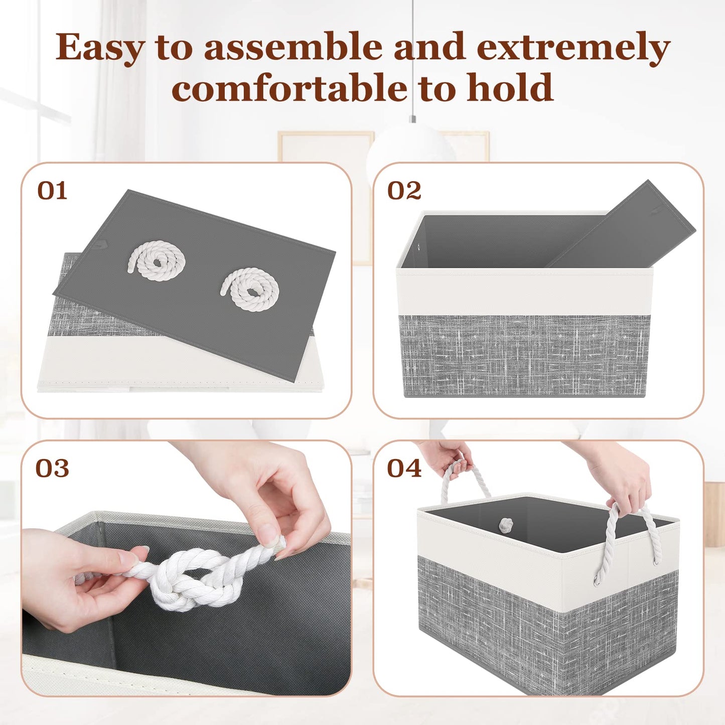 Storage Bin,Collapsible Storage Basket For Organizing,Large Storage Boxes With Rope Handles,Storage Containers,Gradient Grey,3 Pack