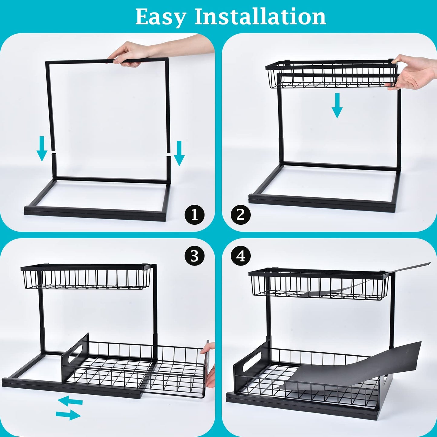 REALINN Under Sink Organizer, Pull Out Cabinet Organizer Slide Out Sink Shelf Cabinet Storage Shelves, Storages for Kitchen Bathroom, Black, 2 Pack