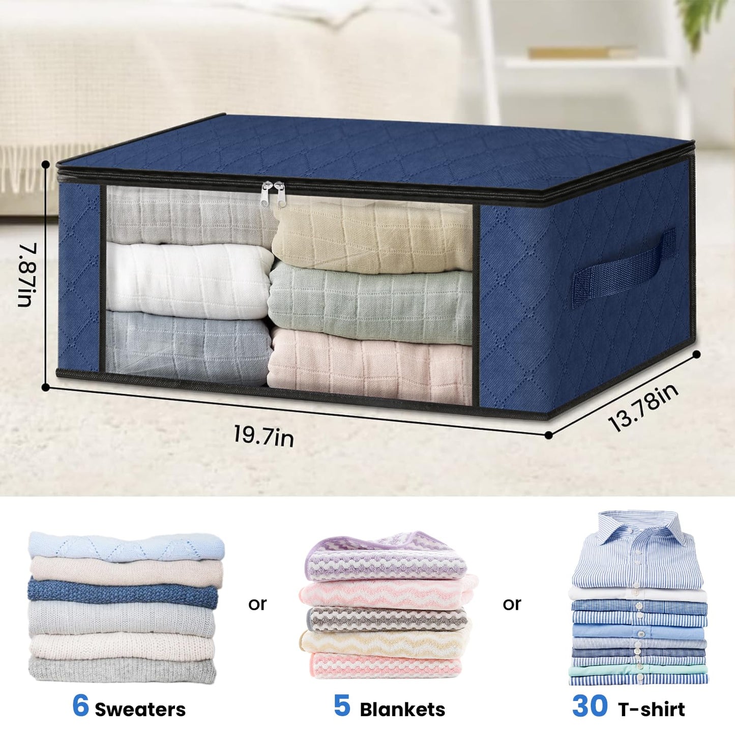 HomeHacks Storage 3-Pack Clothes Organizer Storage Bags Foldable Storage Box with Large Clear Window Sturdy Handles for Closet, Dorm, Pillows, Bedding, Clothes, Blankets, 35L, Gray