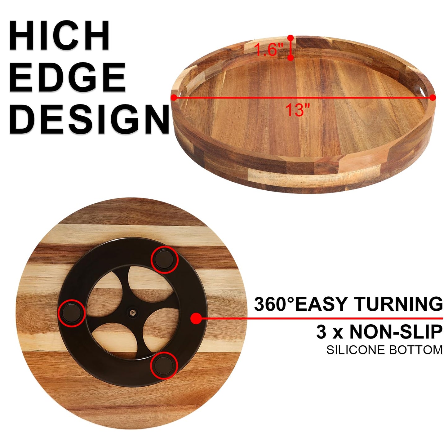 Acacia Wooden Lazy Susan for Table Top-12 Inch Wooden Lazy Susan Turntable with Double Handle-Large Acacia Wooden-Spice Organizer for Countertop, Table, Cabinet