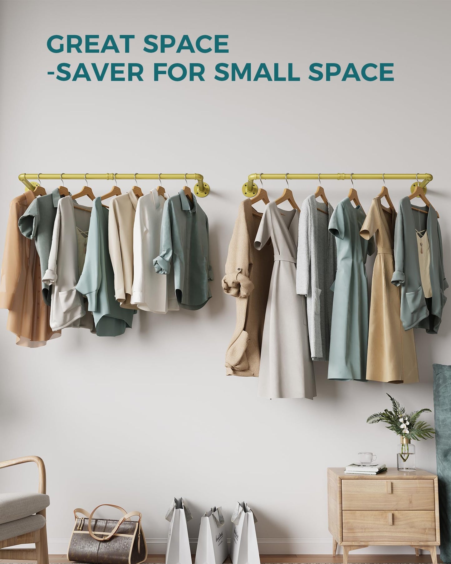 OROPY Industrial Pipe Clothes Rack Wall Mounted Set of 2, 38.4 inches Heavy Duty Iron Pipe Clothing Garment Rail, Multi-Purpose Clothing Hanging Rod for Laundry Room and Closet Storage