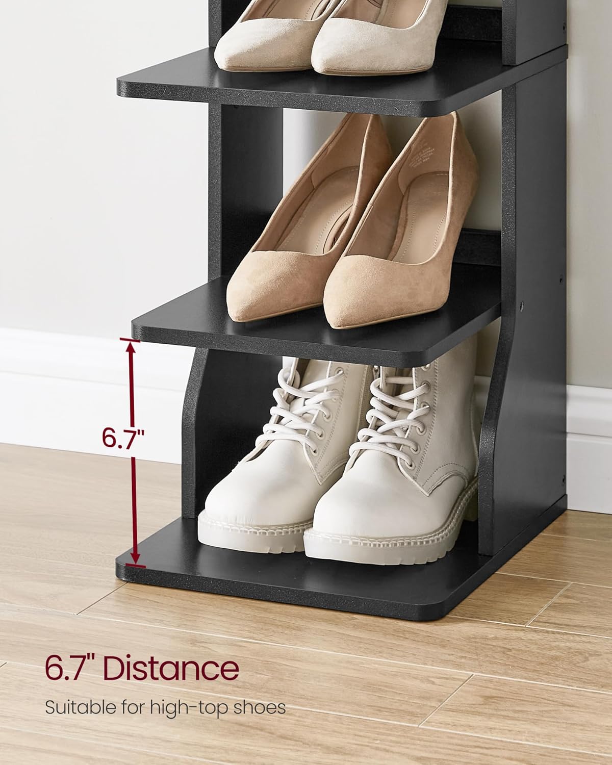 VASAGLE 7-Tier Vertical Shoe Rack, Narrow Shoe Storage Organizer with Hooks, Slim Corner Tower Shelf, Space-Saving for Entryway and Bedroom, Black ULBS200T16