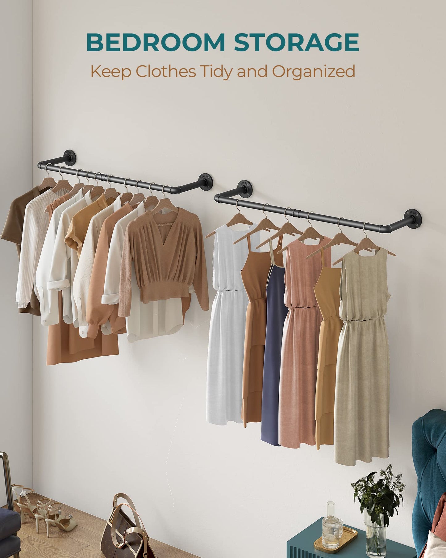 OROPY Industrial Pipe Clothes Rack Wall Mounted Set of 2, 38.4 inches Heavy Duty Iron Pipe Clothing Garment Rail, Multi-Purpose Clothing Hanging Rod for Laundry Room and Closet Storage