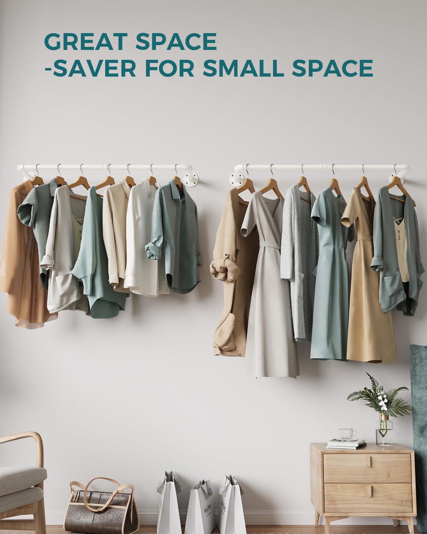 OROPY Industrial Pipe Clothes Rack Wall Mounted Set of 2, 38.4 inches Heavy Duty Iron Pipe Clothing Garment Rail, Multi-Purpose Clothing Hanging Rod for Laundry Room and Closet Storage