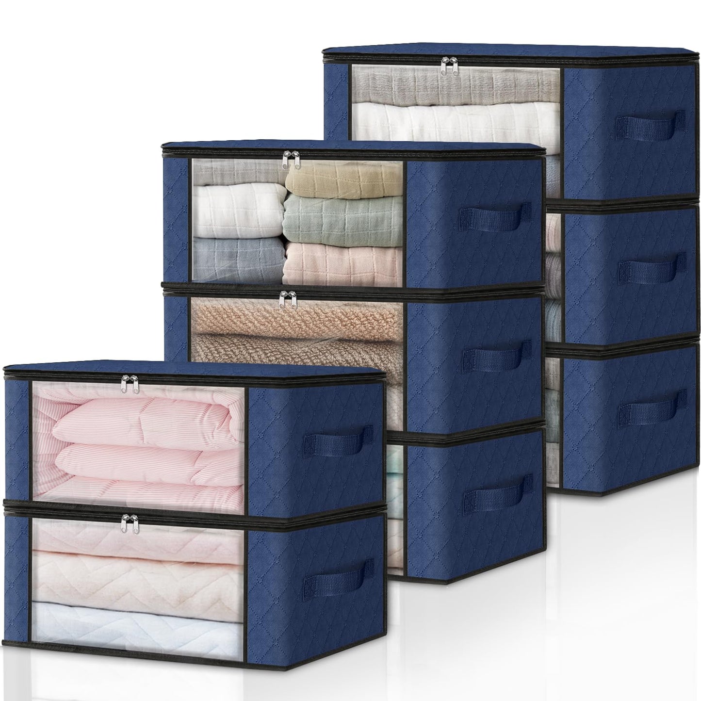 HomeHacks Storage 3-Pack Clothes Organizer Storage Bags Foldable Storage Box with Large Clear Window Sturdy Handles for Closet, Dorm, Pillows, Bedding, Clothes, Blankets, 35L, Gray