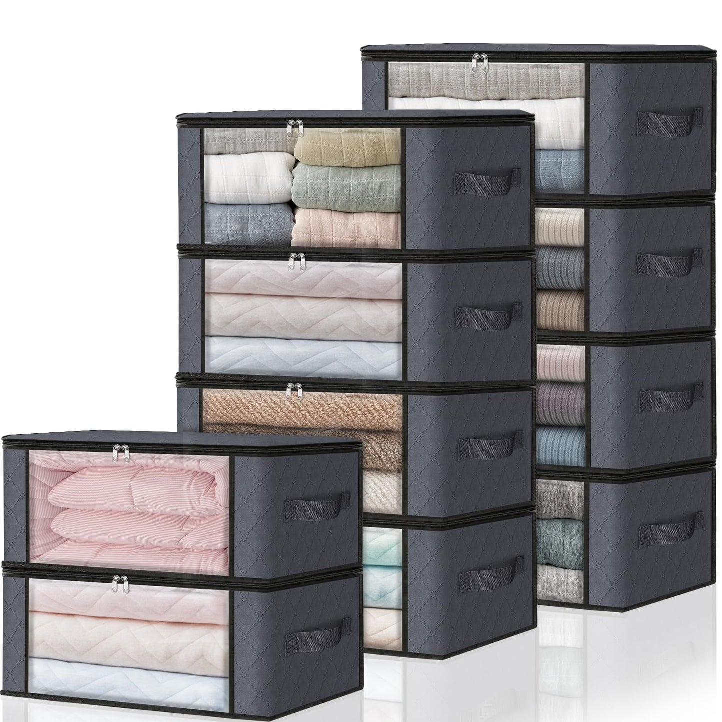 HomeHacks Storage 3-Pack Clothes Organizer Storage Bags Foldable Storage Box with Large Clear Window Sturdy Handles for Closet, Dorm, Pillows, Bedding, Clothes, Blankets, 35L, Gray