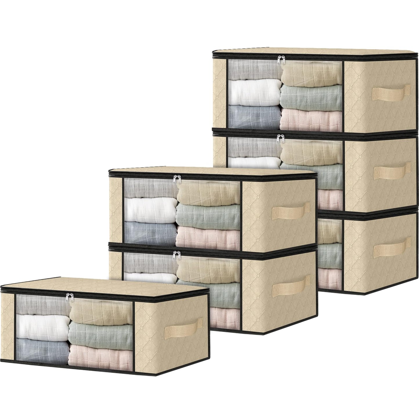 HomeHacks Storage 3-Pack Clothes Organizer Storage Bags Foldable Storage Box with Large Clear Window Sturdy Handles for Closet, Dorm, Pillows, Bedding, Clothes, Blankets, 35L, Gray