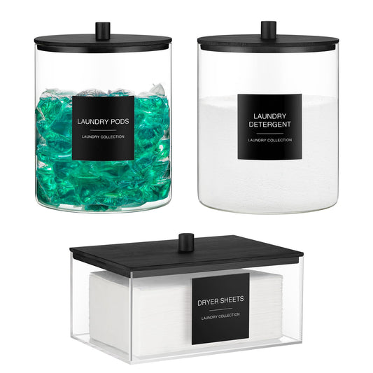 Glass Jars and Acrylic Dryer Sheet Holder, Laundry Pods Container with Bamboo Lid and 27 Labels, Powder Detergent Containers for Laundry Room Organization, Storage Jars Set (3 Pack)