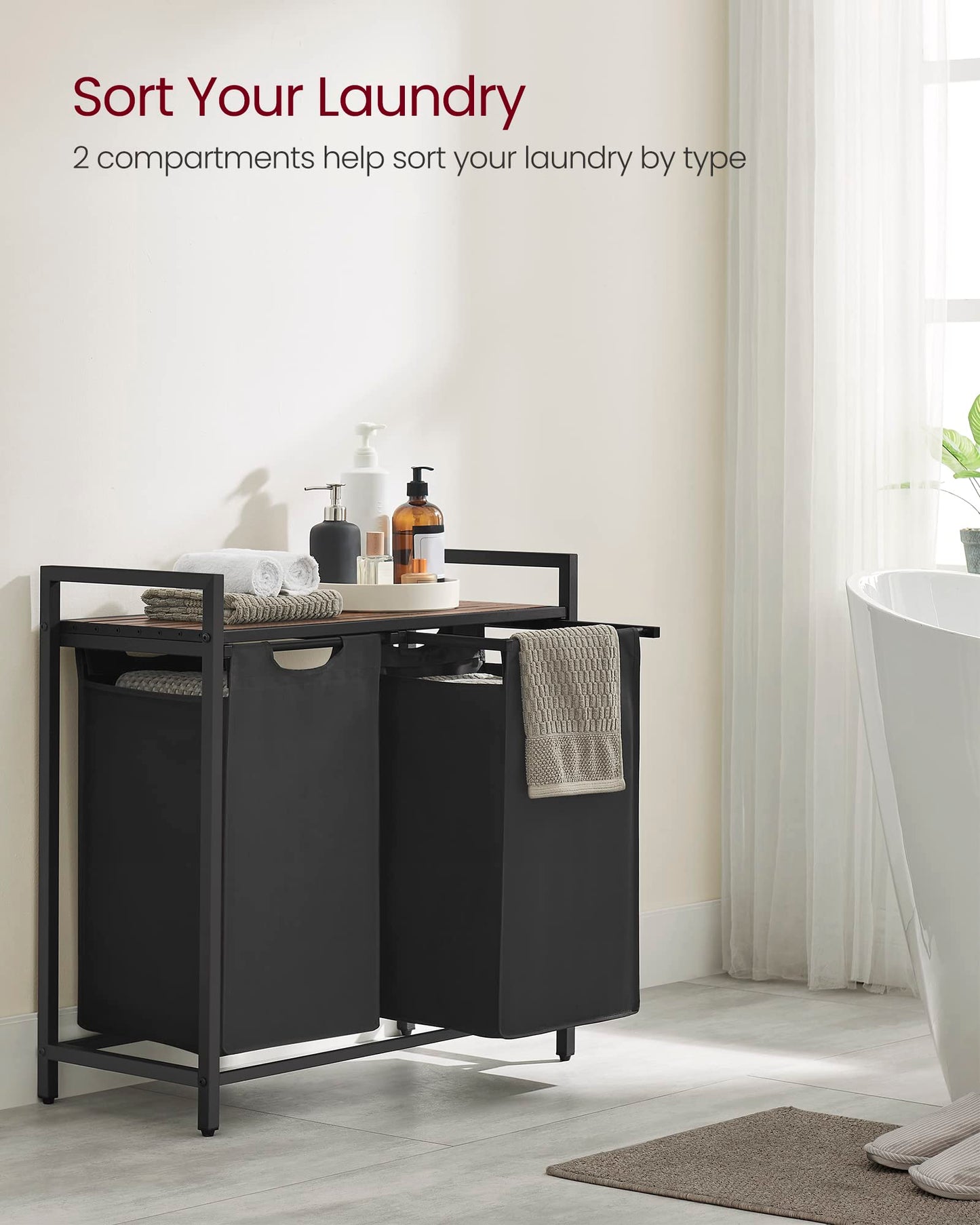 VASAGLE Laundry Hamper, Laundry Basket, Laundry Sorter with 3 Pull-Out and Removable Bags, Shelf, Metal Frame, 3 x 10 Gallons (38L), 36.4 x 13 x 28.4 Inches, Rustic Brown and Black UBLH301B01