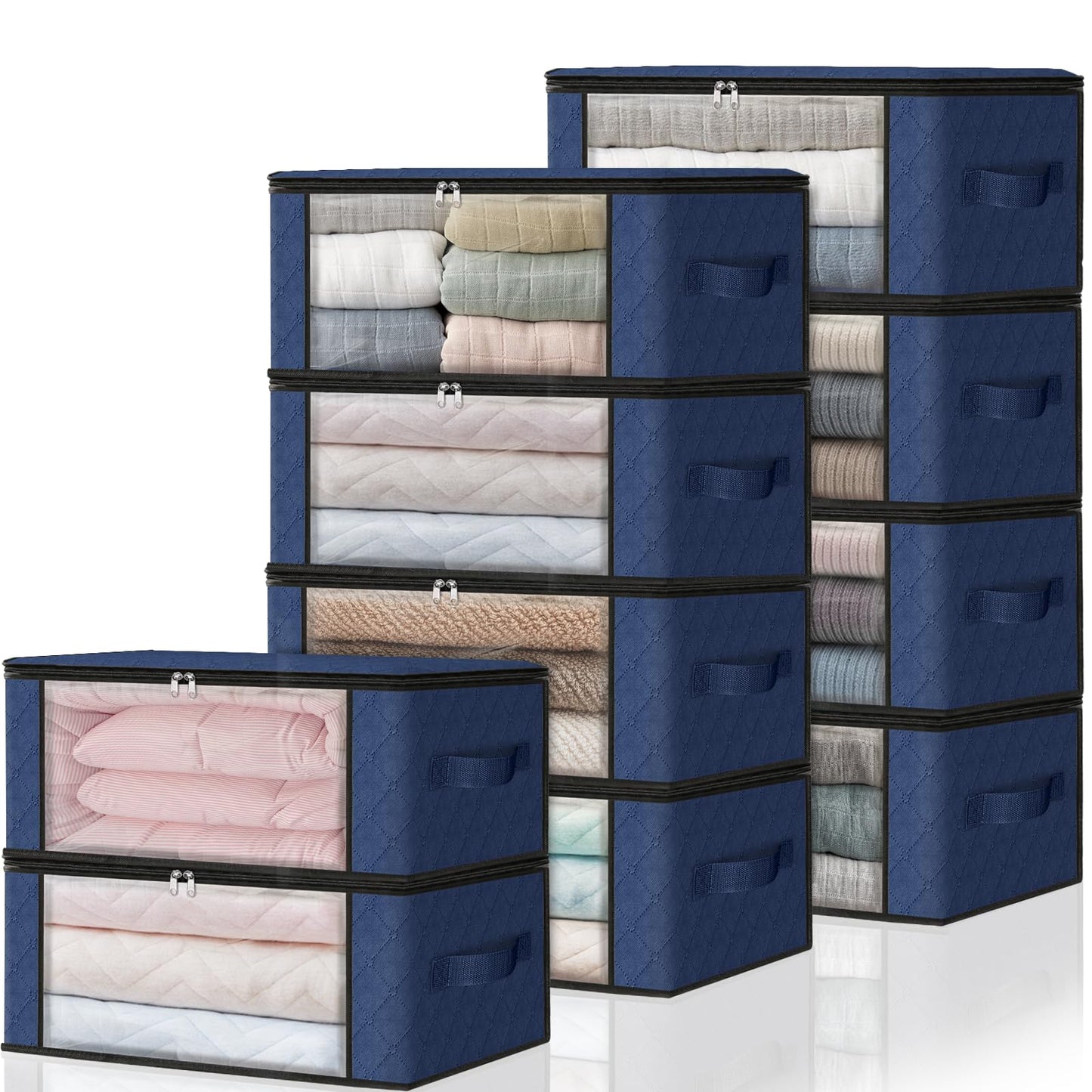 HomeHacks Storage 3-Pack Clothes Organizer Storage Bags Foldable Storage Box with Large Clear Window Sturdy Handles for Closet, Dorm, Pillows, Bedding, Clothes, Blankets, 35L, Gray