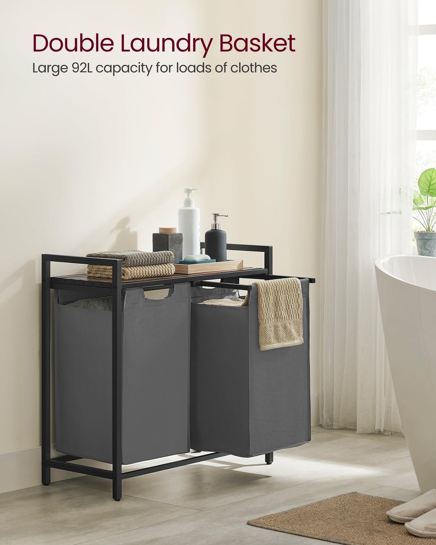 VASAGLE Laundry Hamper, Laundry Basket, Laundry Sorter with 3 Pull-Out and Removable Bags, Shelf, Metal Frame, 3 x 10 Gallons (38L), 36.4 x 13 x 28.4 Inches, Rustic Brown and Black UBLH301B01
