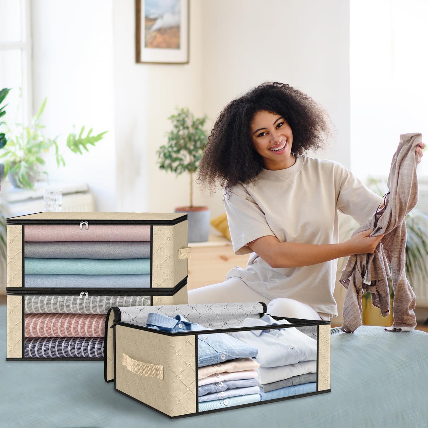 HomeHacks Storage 3-Pack Clothes Organizer Storage Bags Foldable Storage Box with Large Clear Window Sturdy Handles for Closet, Dorm, Pillows, Bedding, Clothes, Blankets, 35L, Gray