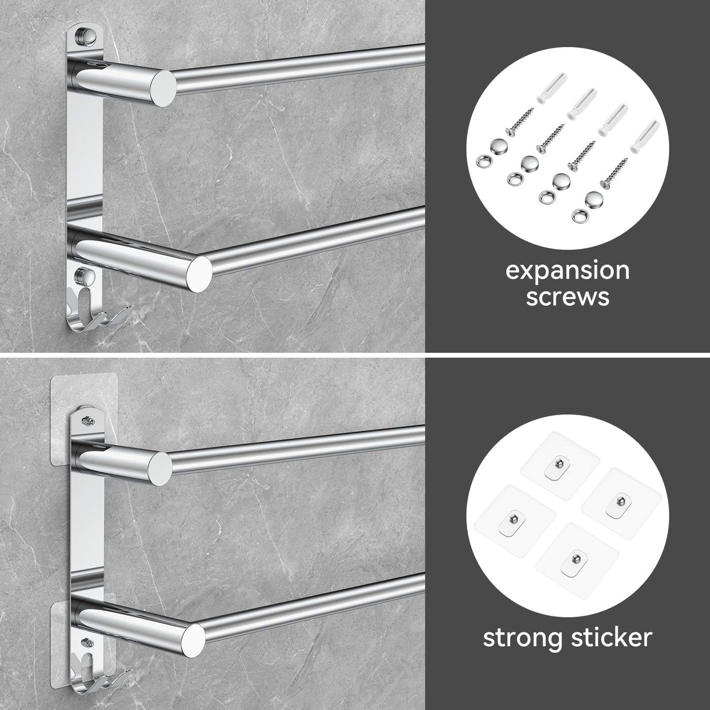 Adjustable Towel Bar for Bathroom Wall Mount17-30.7inch Adhesive Shower Towel Rack Stainless Steel Bath Towel Holders for Toilet Kitchen Double Towel Hanger (Double Towel Rack)
