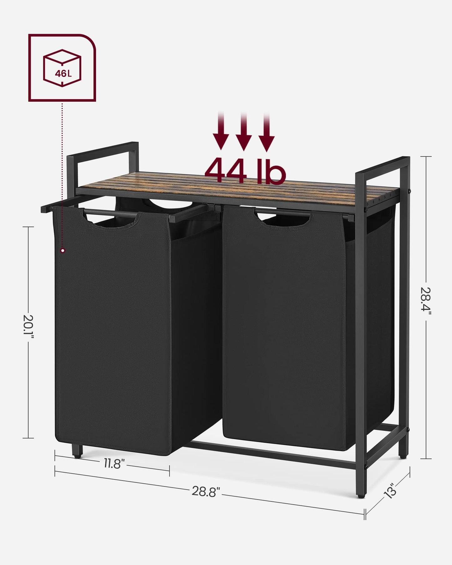 VASAGLE Laundry Hamper, Laundry Basket, Laundry Sorter with 3 Pull-Out and Removable Bags, Shelf, Metal Frame, 3 x 10 Gallons (38L), 36.4 x 13 x 28.4 Inches, Rustic Brown and Black UBLH301B01