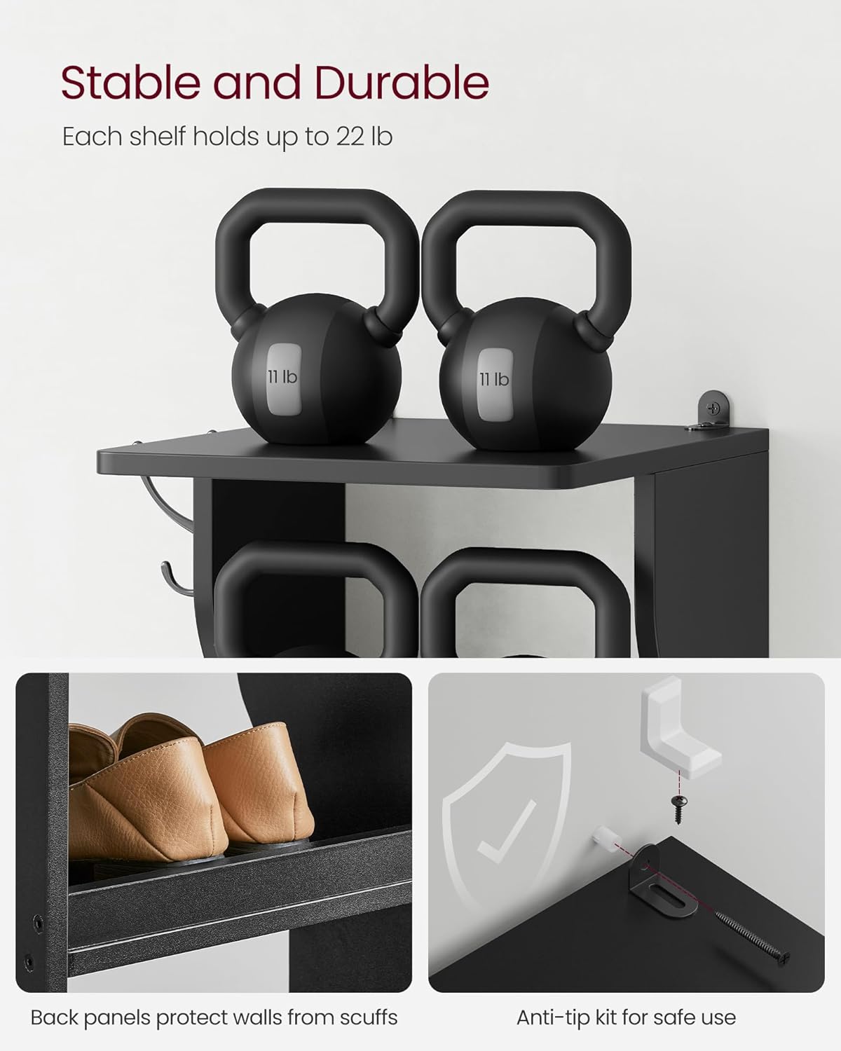 VASAGLE 7-Tier Vertical Shoe Rack, Narrow Shoe Storage Organizer with Hooks, Slim Corner Tower Shelf, Space-Saving for Entryway and Bedroom, Black ULBS200T16