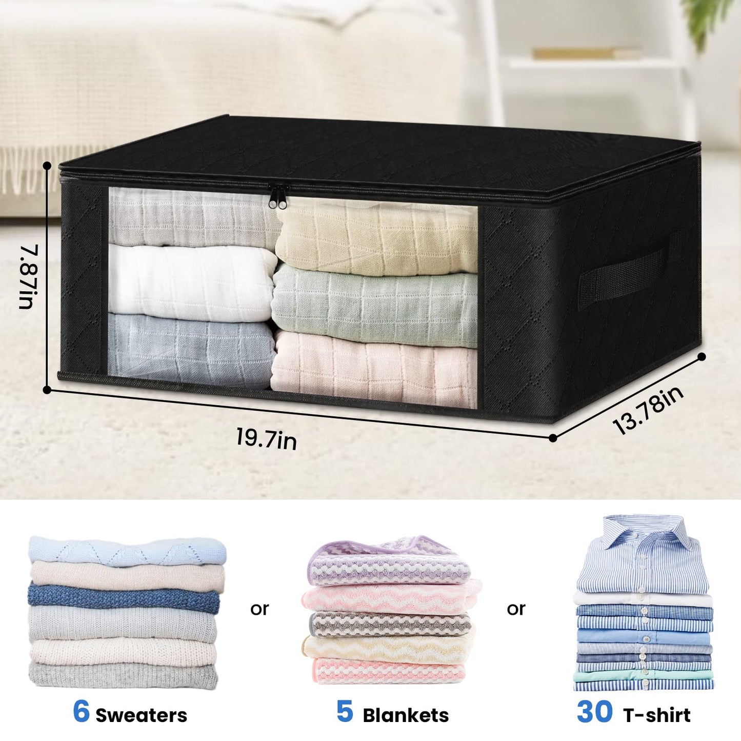 HomeHacks Storage 3-Pack Clothes Organizer Storage Bags Foldable Storage Box with Large Clear Window Sturdy Handles for Closet, Dorm, Pillows, Bedding, Clothes, Blankets, 35L, Gray