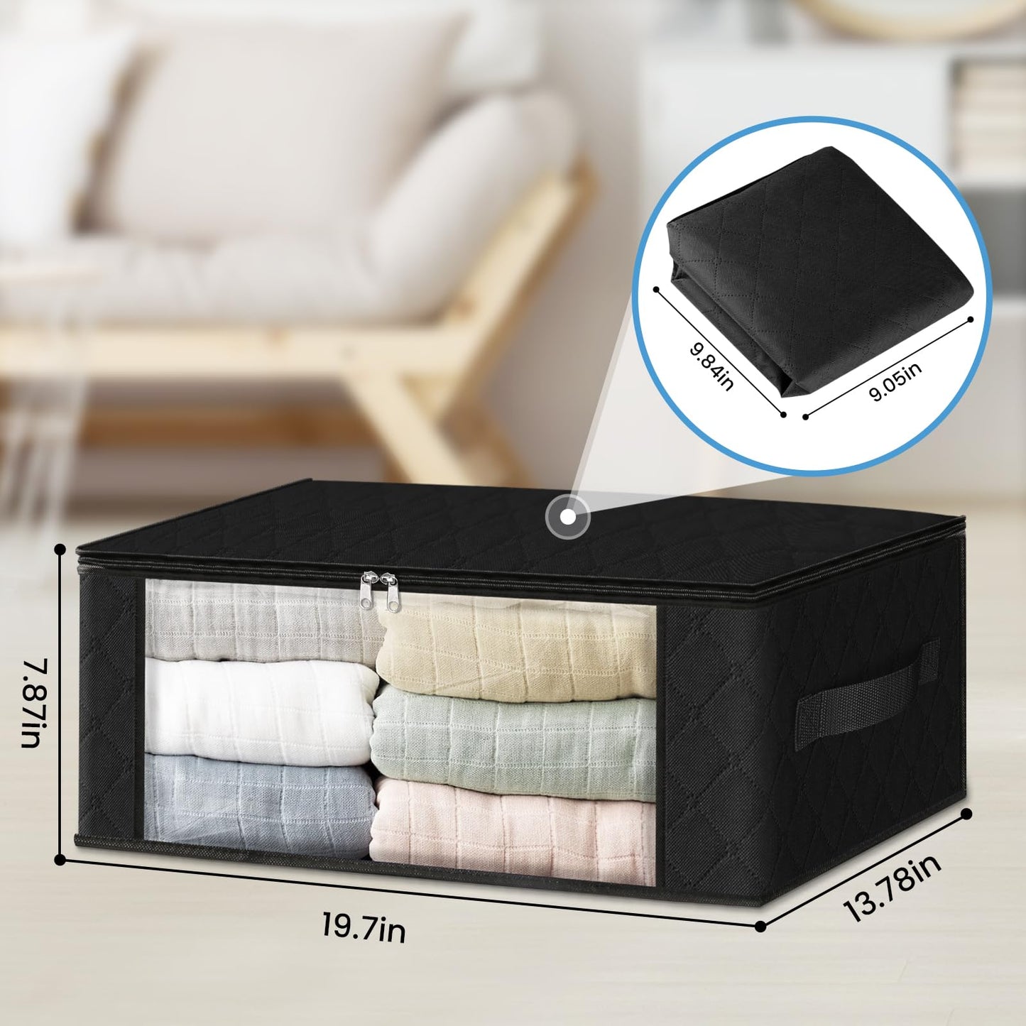 HomeHacks Storage 3-Pack Clothes Organizer Storage Bags Foldable Storage Box with Large Clear Window Sturdy Handles for Closet, Dorm, Pillows, Bedding, Clothes, Blankets, 35L, Gray