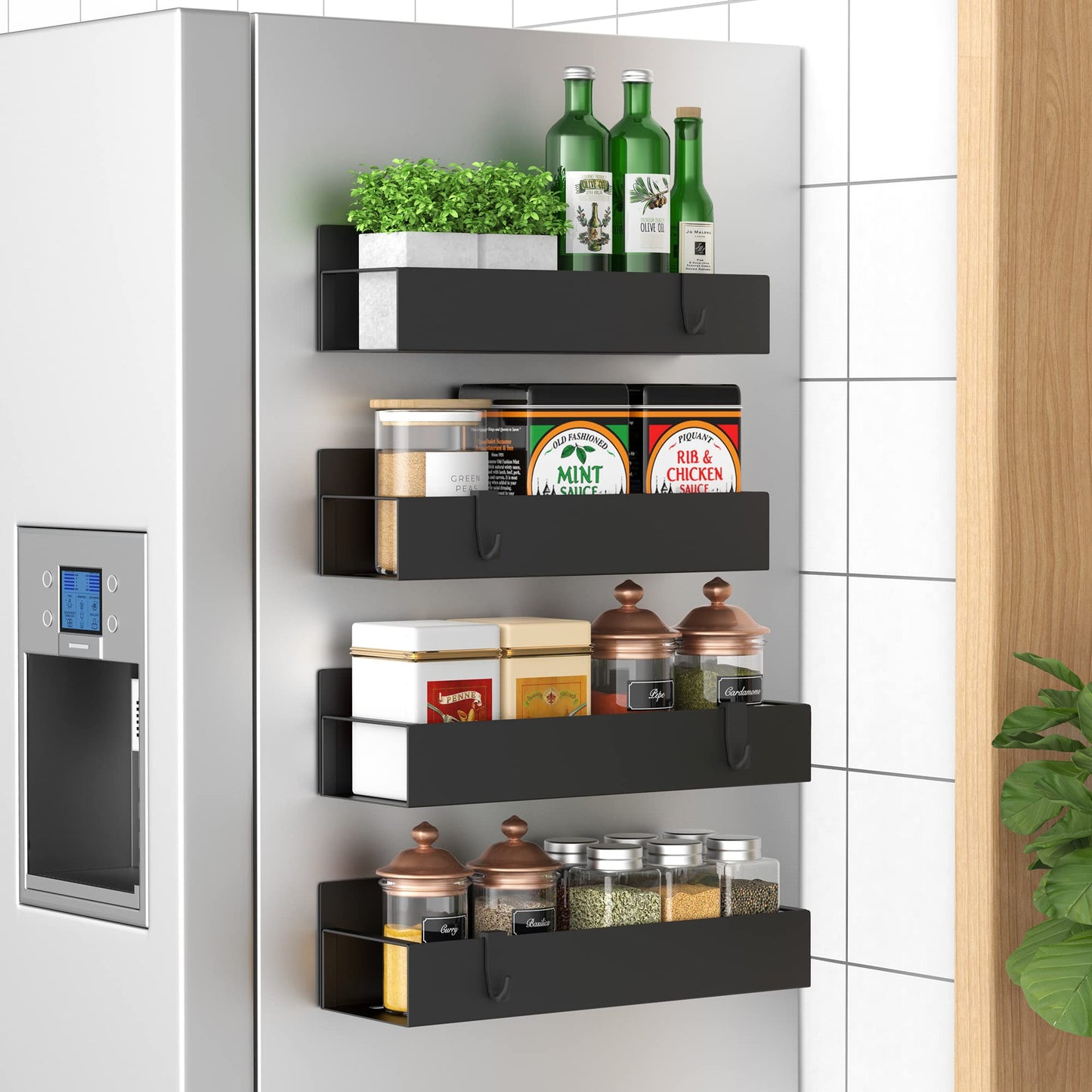 6 Pack Magnetic Spice Storage Rack Organizer for Refrigerator and Oven, Black Fridge Organizers and Storage