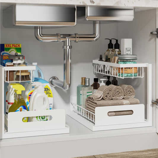 REALINN Under Sink Organizer, Pull Out Cabinet Organizer Slide Out Sink Shelf Cabinet Storage Shelves, Storages for Kitchen Bathroom, Black, 2 Pack