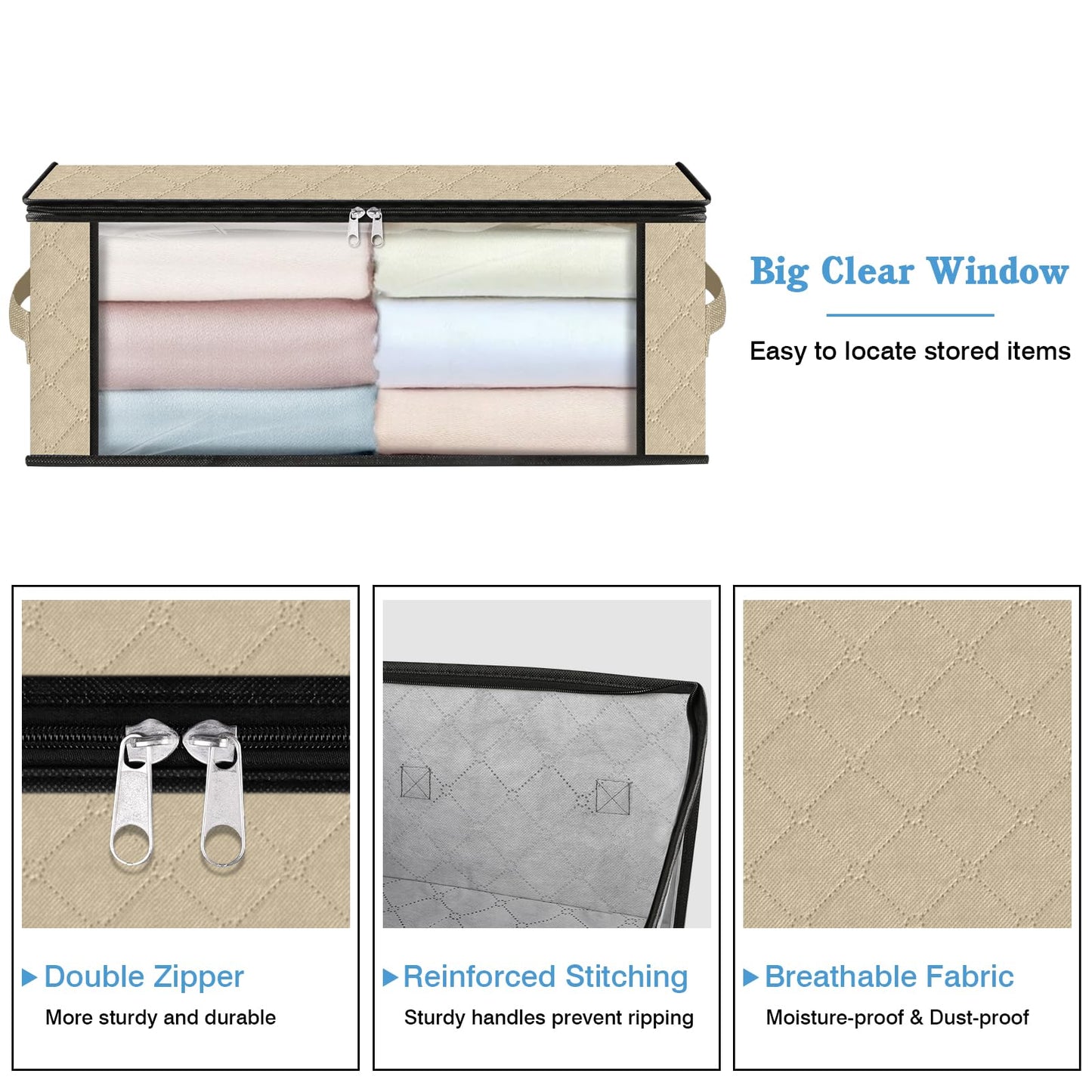 HomeHacks Storage 3-Pack Clothes Organizer Storage Bags Foldable Storage Box with Large Clear Window Sturdy Handles for Closet, Dorm, Pillows, Bedding, Clothes, Blankets, 35L, Gray